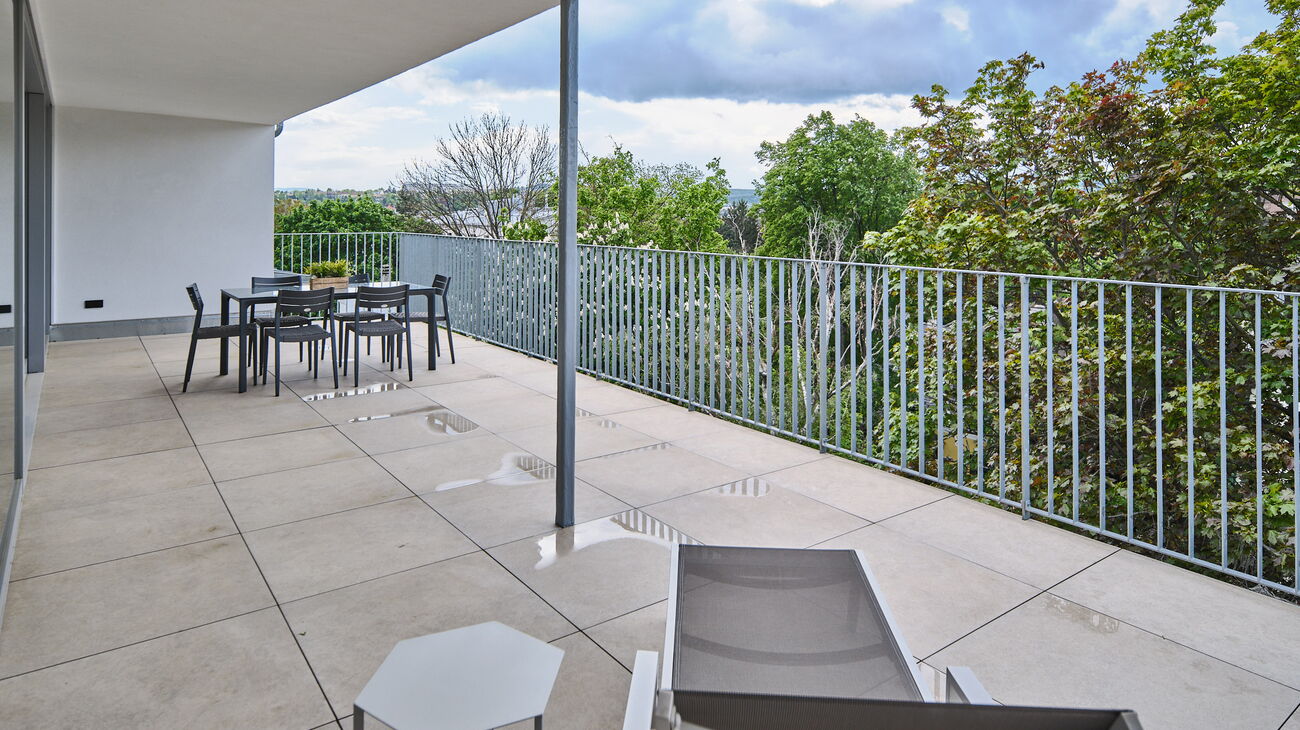 Blick von der Terrasse - mit Liege und Beistelltisch - ins Grüne - alter Baumbestand, Balkongeländer aus Metall